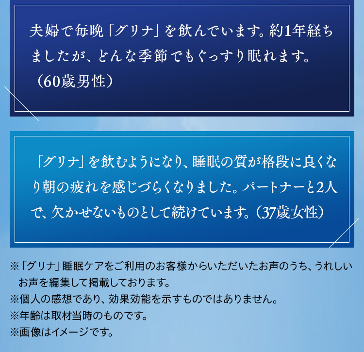 夫婦で毎晩「グリナ」を飲んでいます。