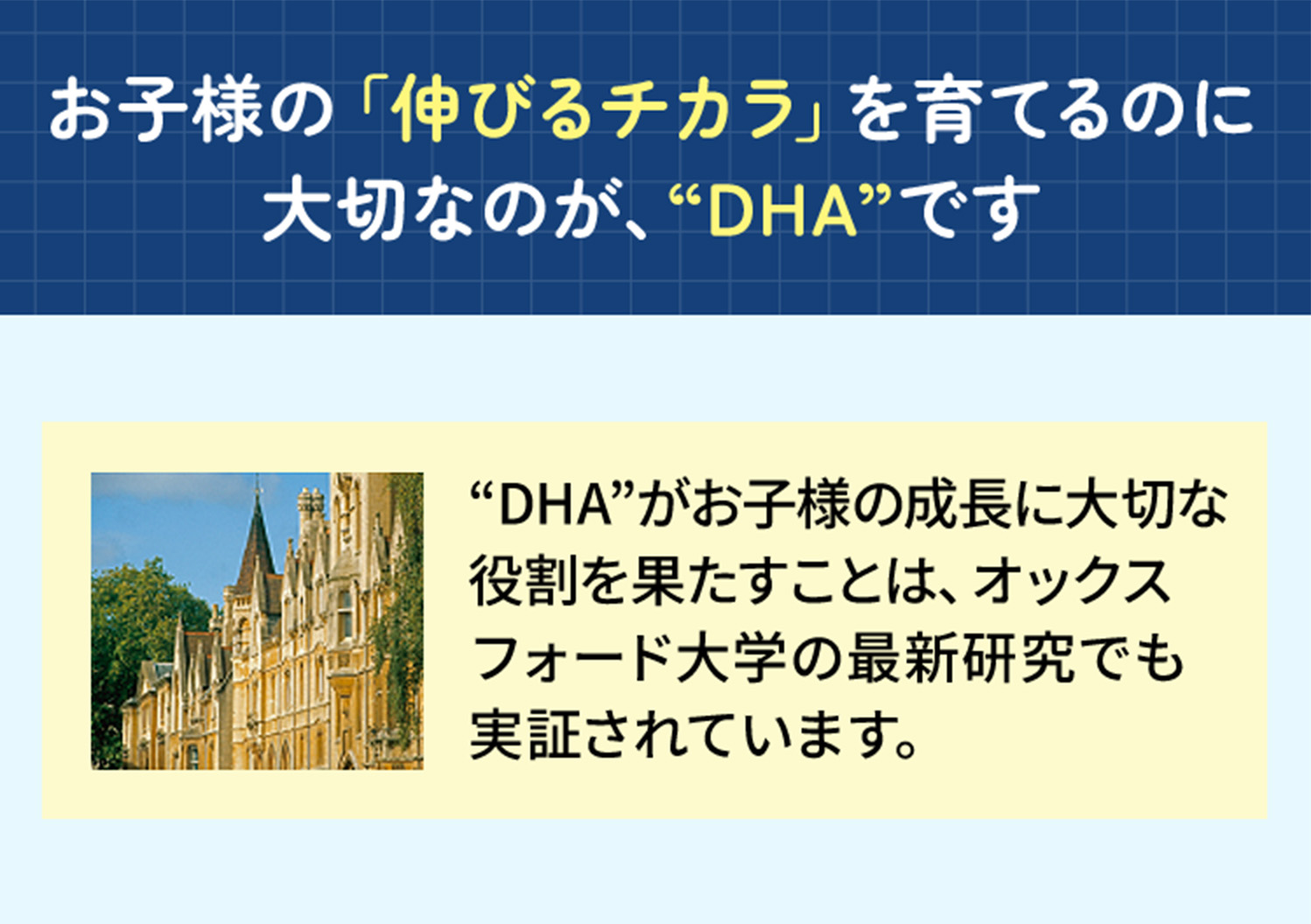 お子様の「伸びるチカラ」を育てるのに大切なのが、“DHA”です